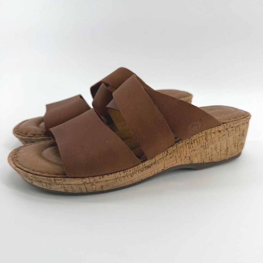 Born Luna Womens Size 8 Brown Leather‎ Cork Wedge Slip On Sandals BR0021006